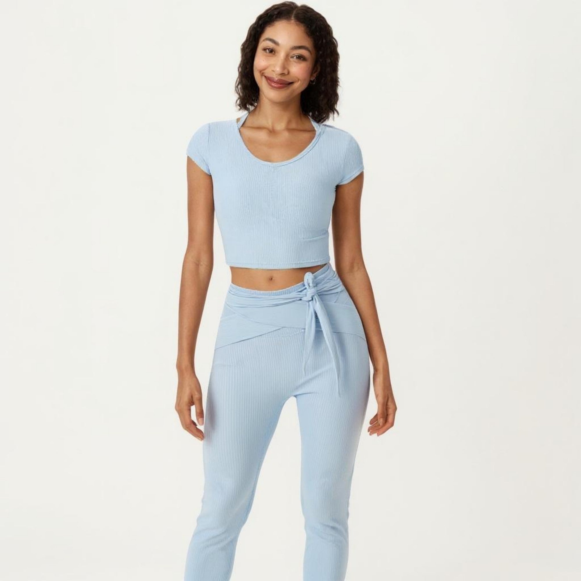 Anna-Kaci Active Women's Short Sleeve Ribbed Active Crop Top with Scoop Neck and Back Strap Detail