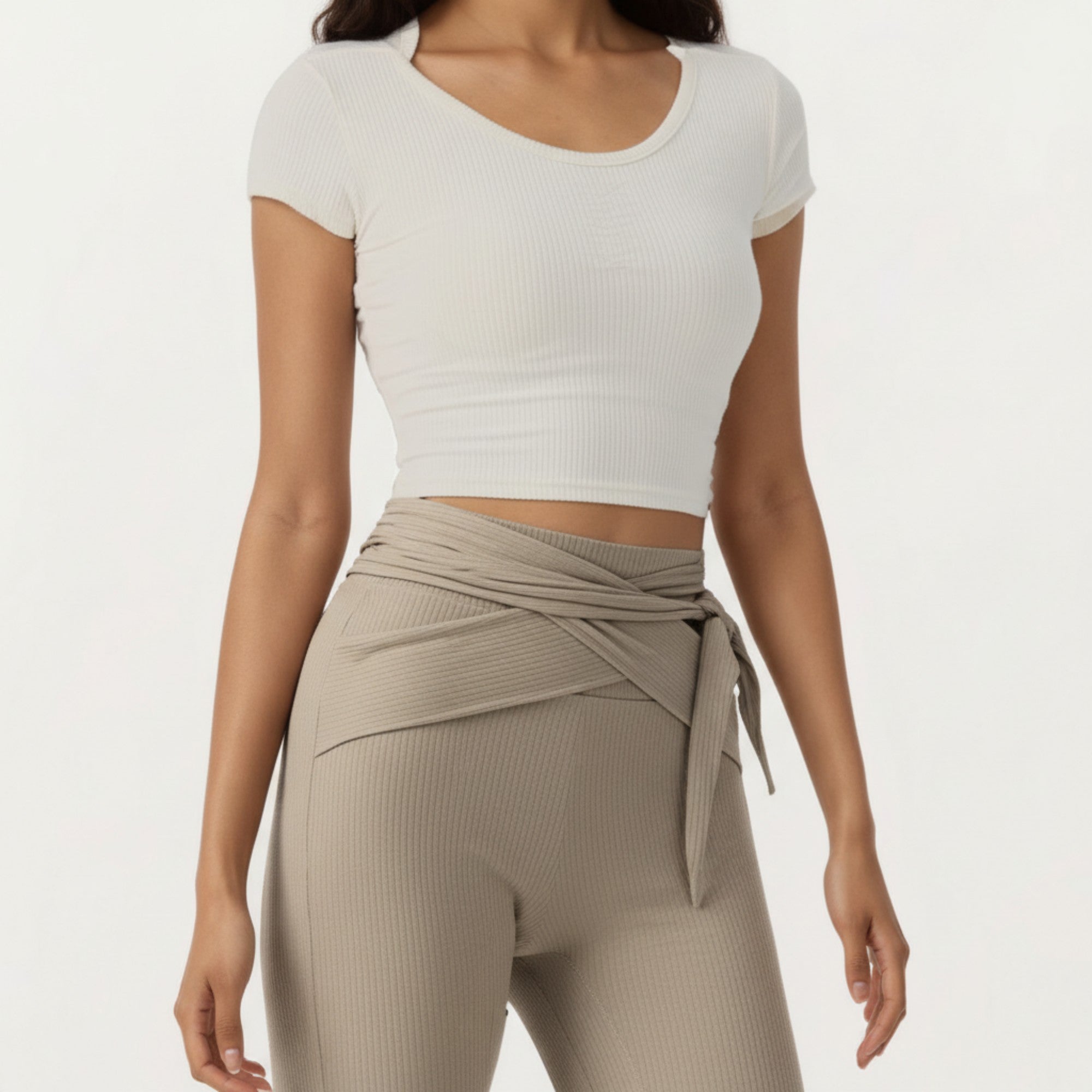 Anna-Kaci Active Women's Short Sleeve Ribbed Active Crop Top with Scoop Neck and Back Strap Detail