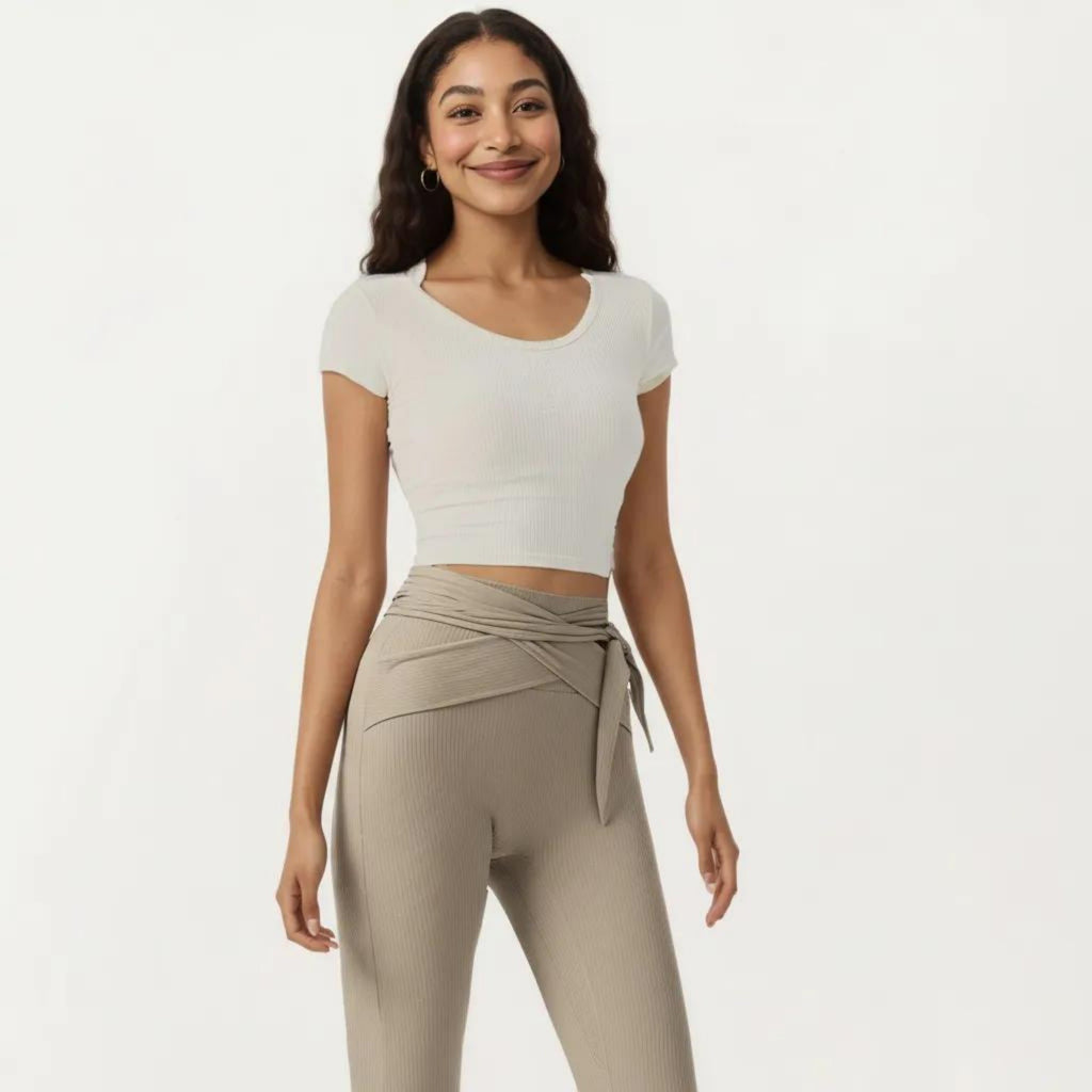 Anna-Kaci Active Women's Short Sleeve Ribbed Active Crop Top with Scoop Neck and Back Strap Detail