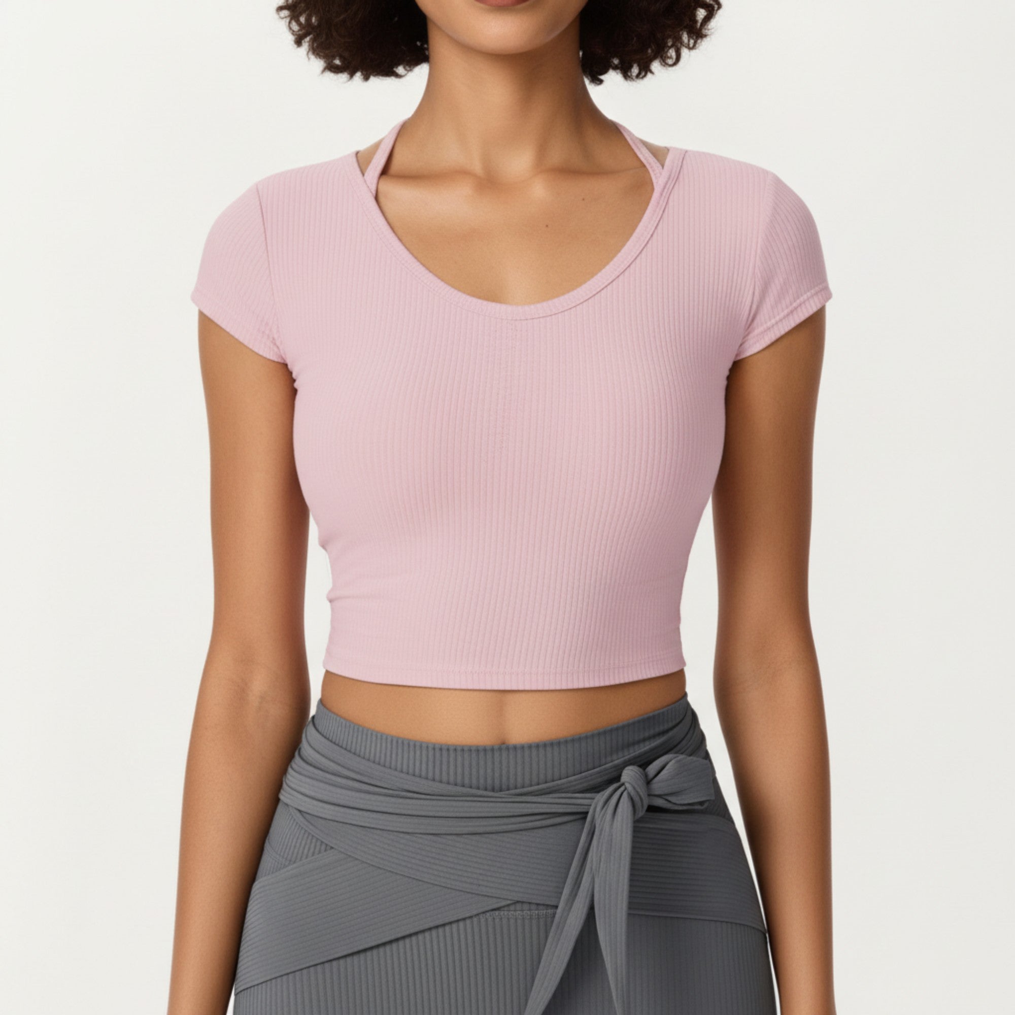 Anna-Kaci Active Women's Short Sleeve Ribbed Active Crop Top with Scoop Neck and Back Strap Detail
