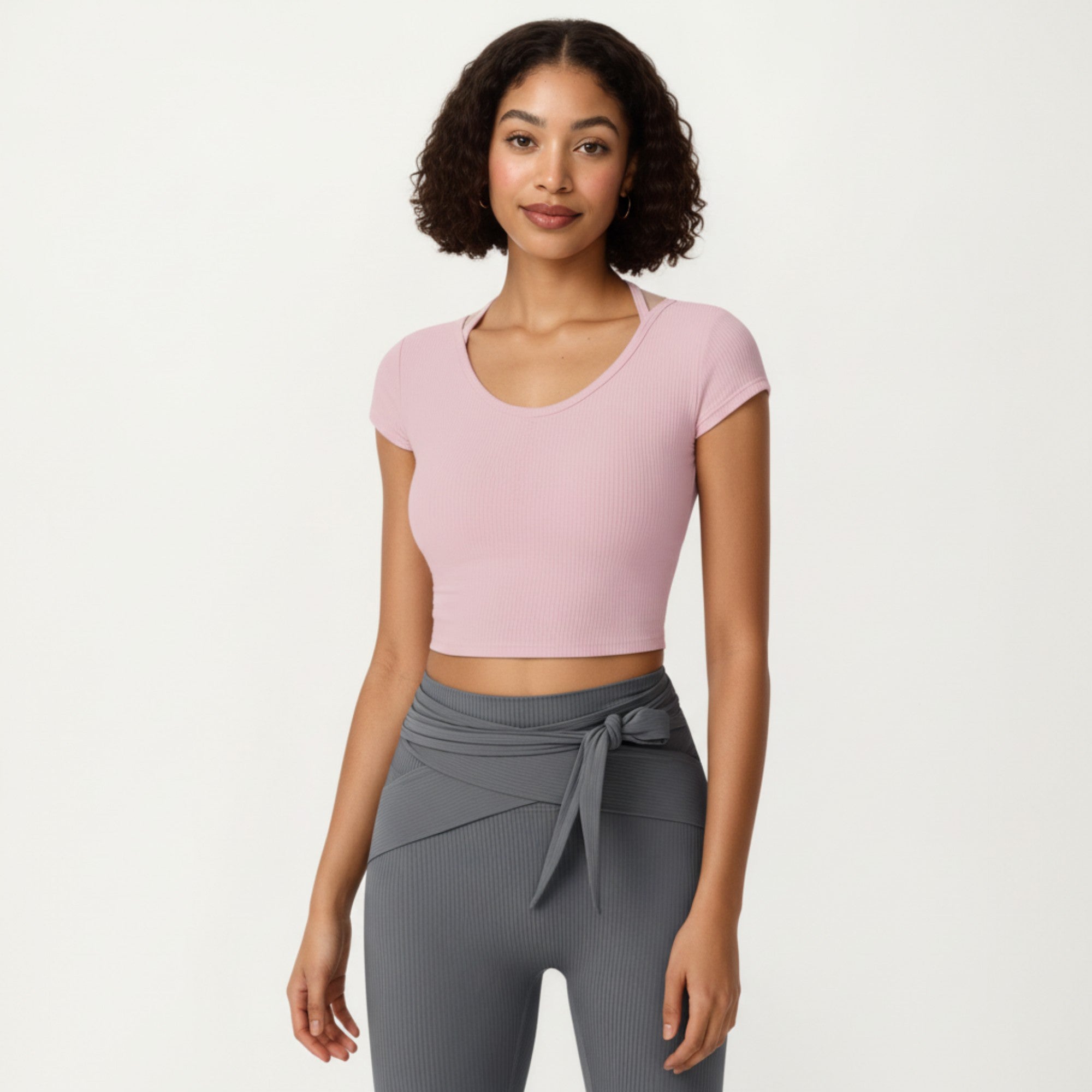 Anna-Kaci Active Women's Short Sleeve Ribbed Active Crop Top with Scoop Neck and Back Strap Detail