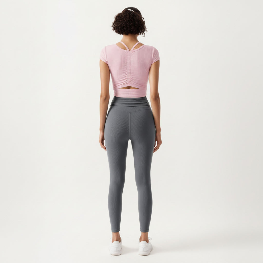 Anna-Kaci Active Women's Short Sleeve Ribbed Active Crop Top with Scoop Neck and Back Strap Detail