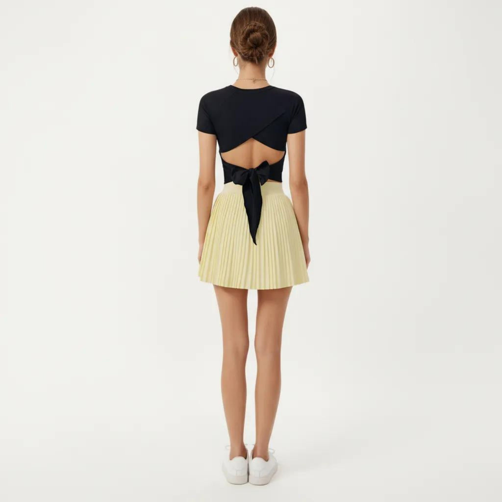 Anna-Kaci Active Women's Short Sleeve Cropped Active Top with Open Back Tie Detail and Stretch Fit