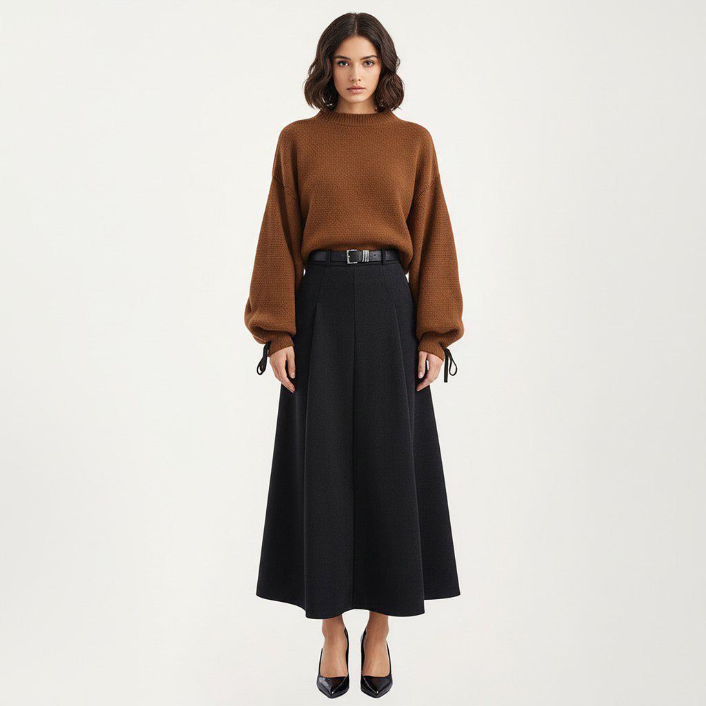 Anna-Kaci High Waist A-Line Maxi Skirt with Belted Waist and Structured Panels