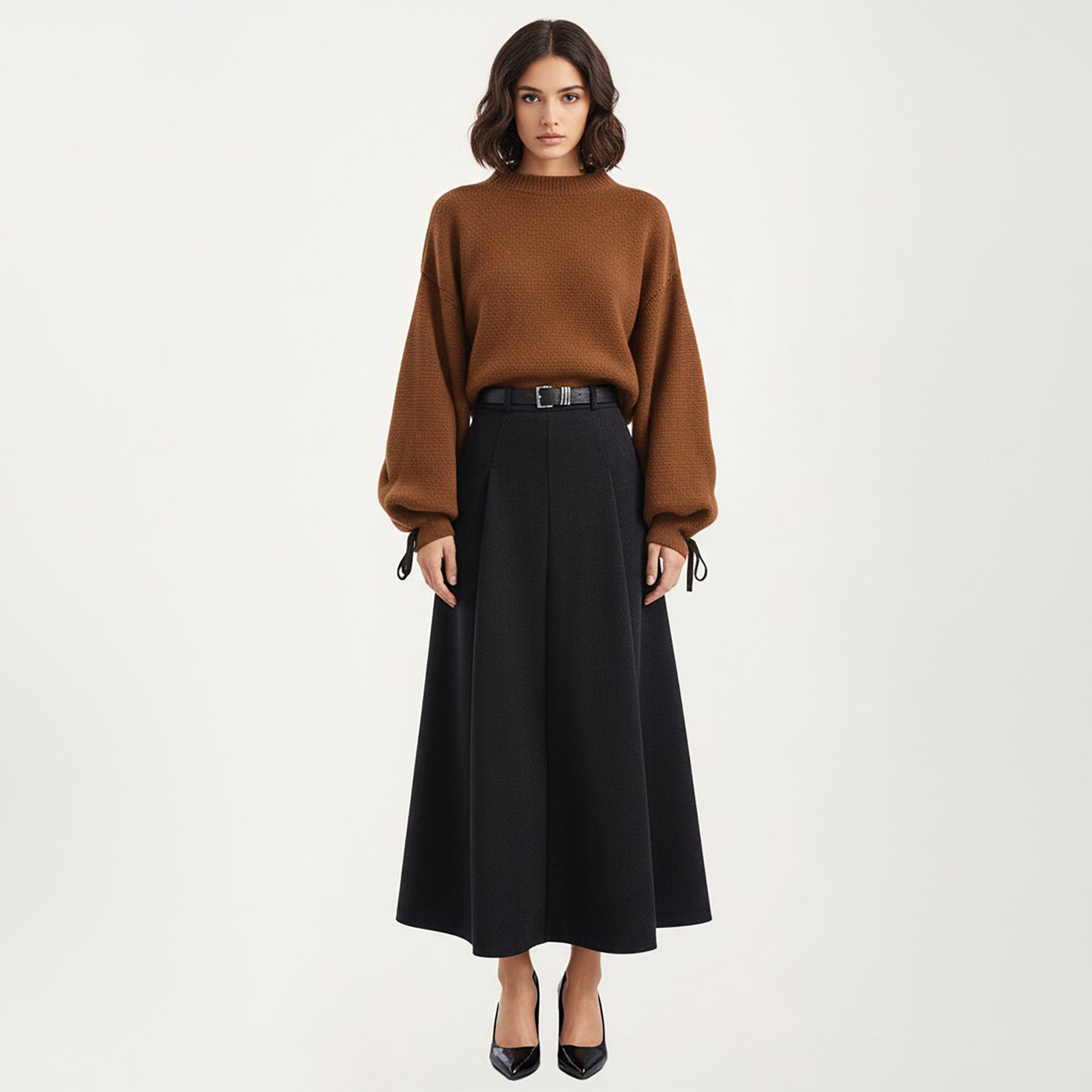 Anna-Kaci High Waist A-Line Maxi Skirt with Belted Waist and Structured Panels