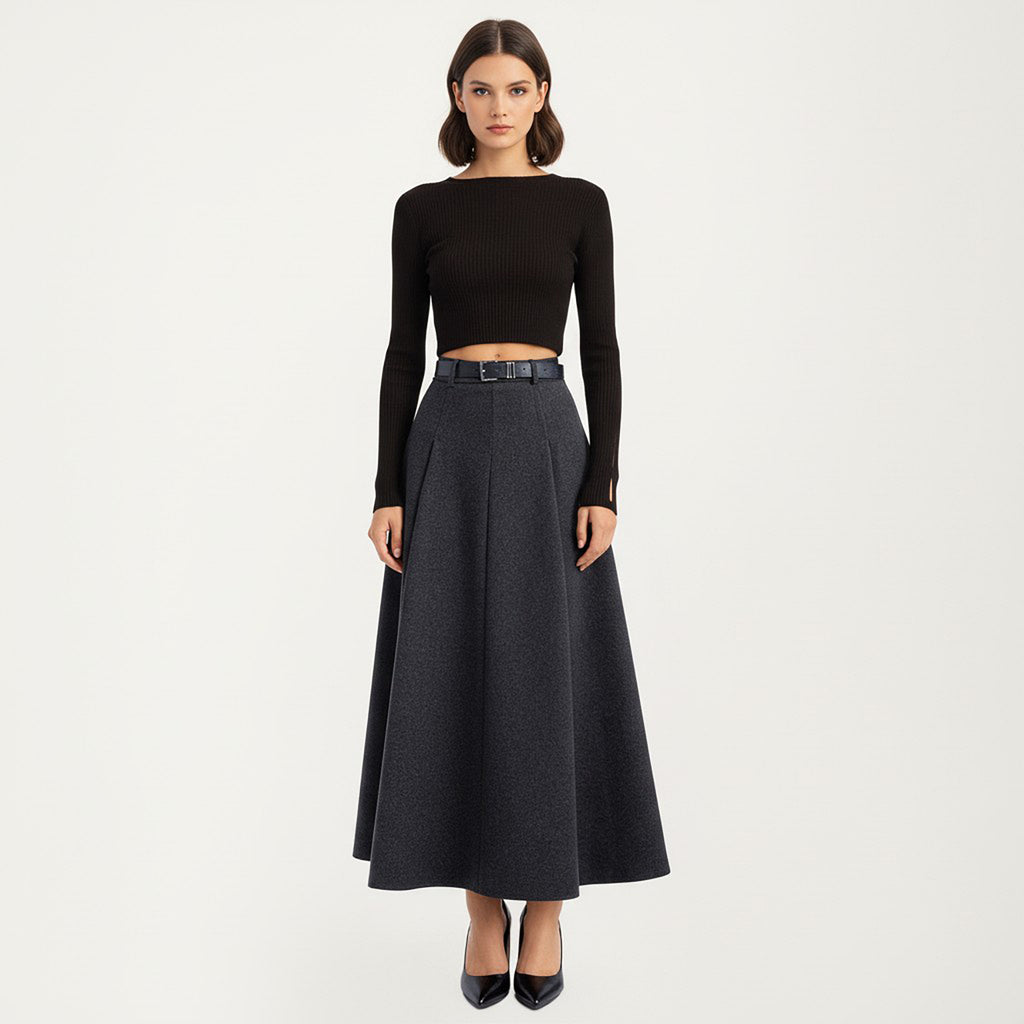 Anna-Kaci High Waist A-Line Maxi Skirt with Belted Waist and Structured Panels