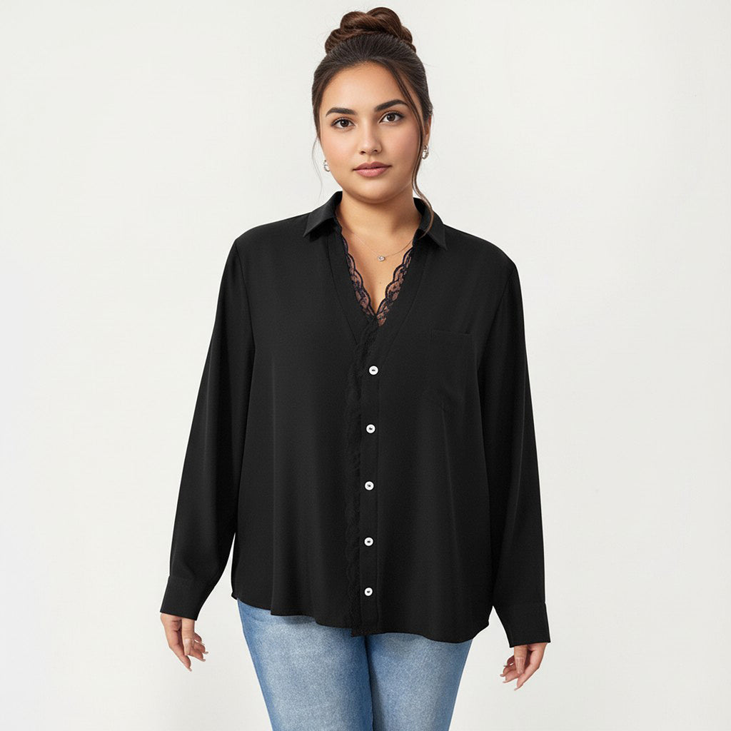 Anna-Kaci Women's Plus Size Long Sleeve Blouse with Lace Trim Detail Relaxed Fit Soft Draped Fabric