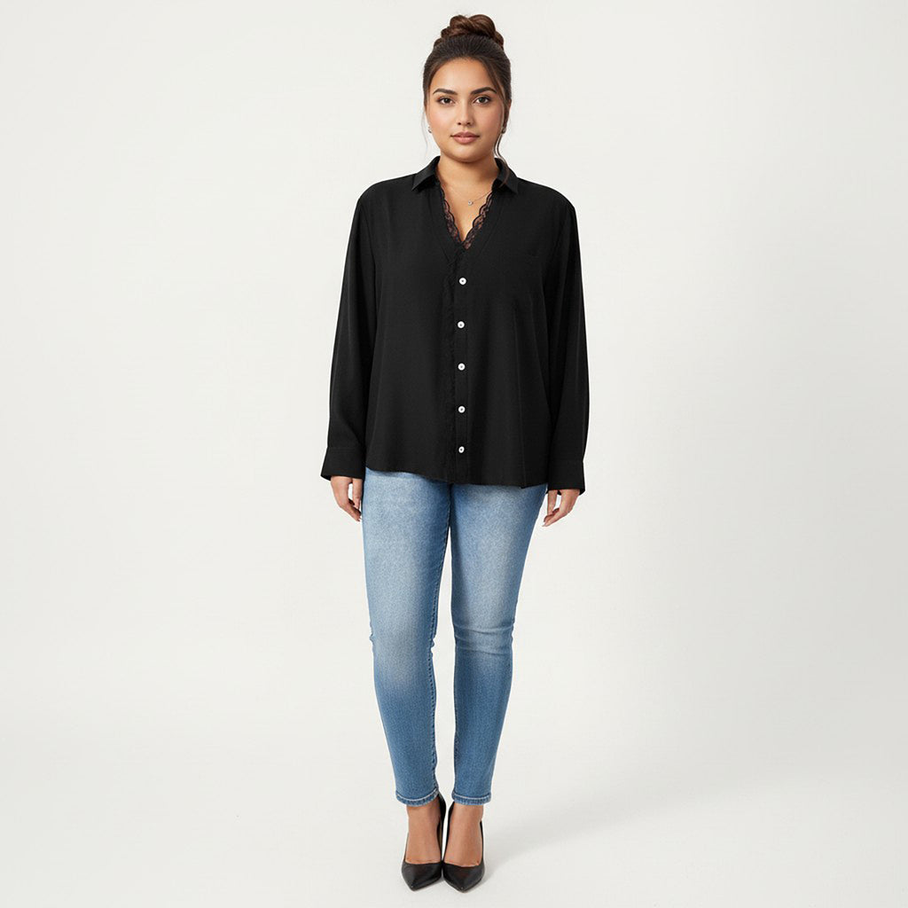 Anna-Kaci Women's Plus Size Long Sleeve Blouse with Lace Trim Detail Relaxed Fit Soft Draped Fabric