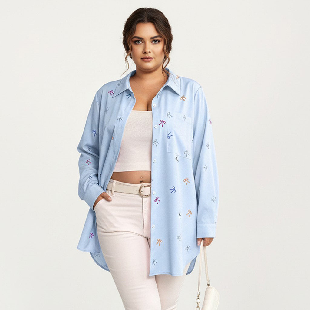 Anna-Kaci Women's Plus Size Bow Print Long Sleeve Button Down Shirt with Relaxed Fit and Soft Fabric