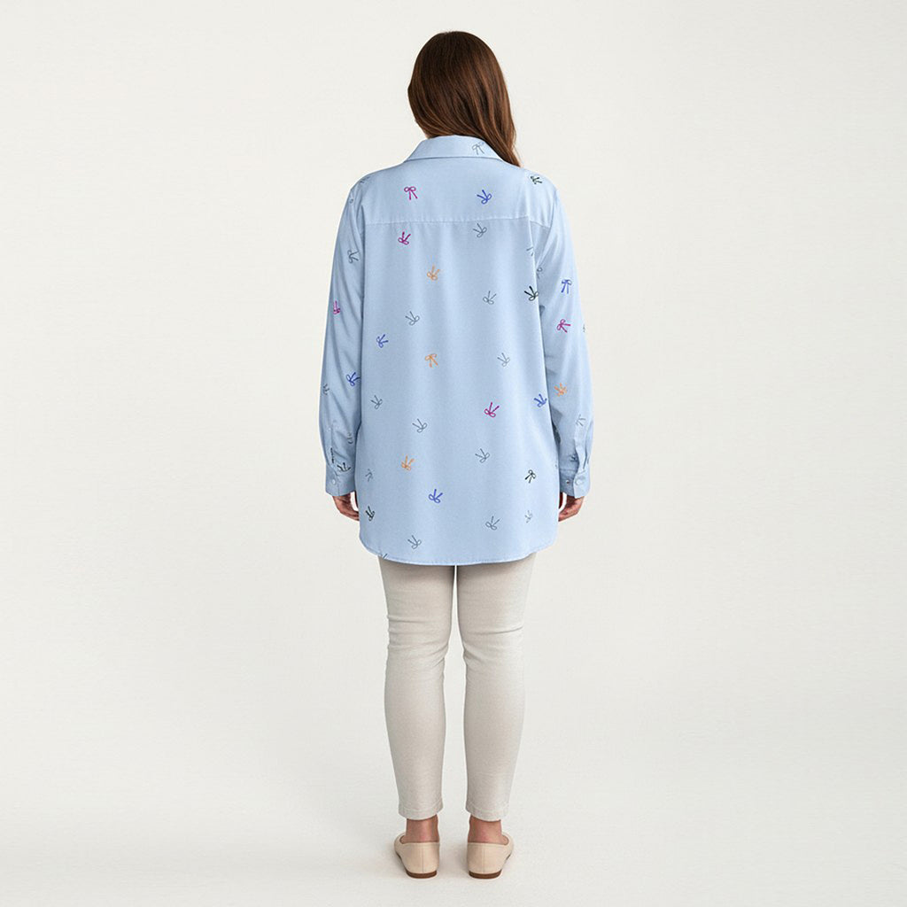 Anna-Kaci Women's Plus Size Bow Print Long Sleeve Button Down Shirt with Relaxed Fit and Soft Fabric