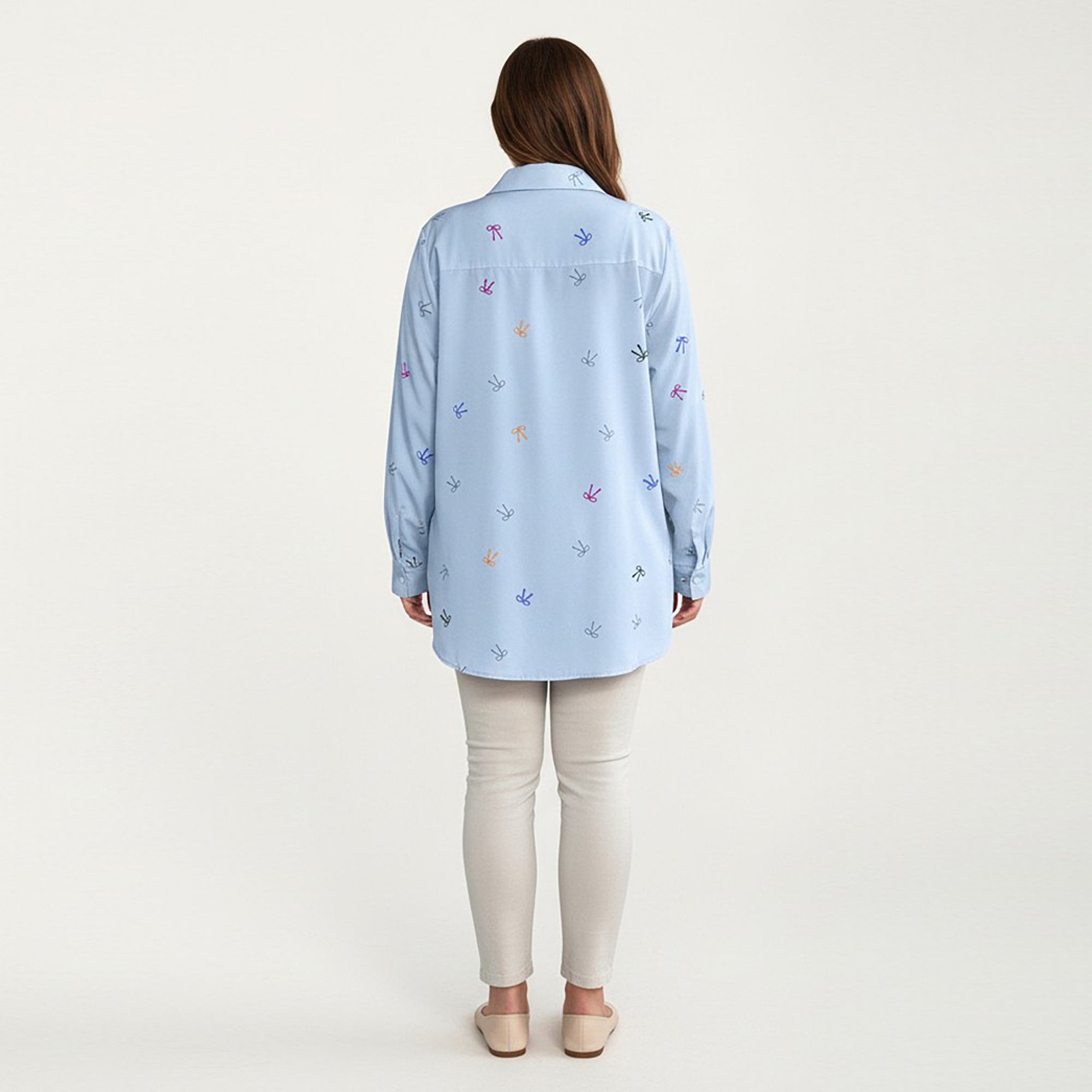 Anna-Kaci Women's Plus Size Bow Print Long Sleeve Button Down Shirt with Relaxed Fit and Soft Fabric
