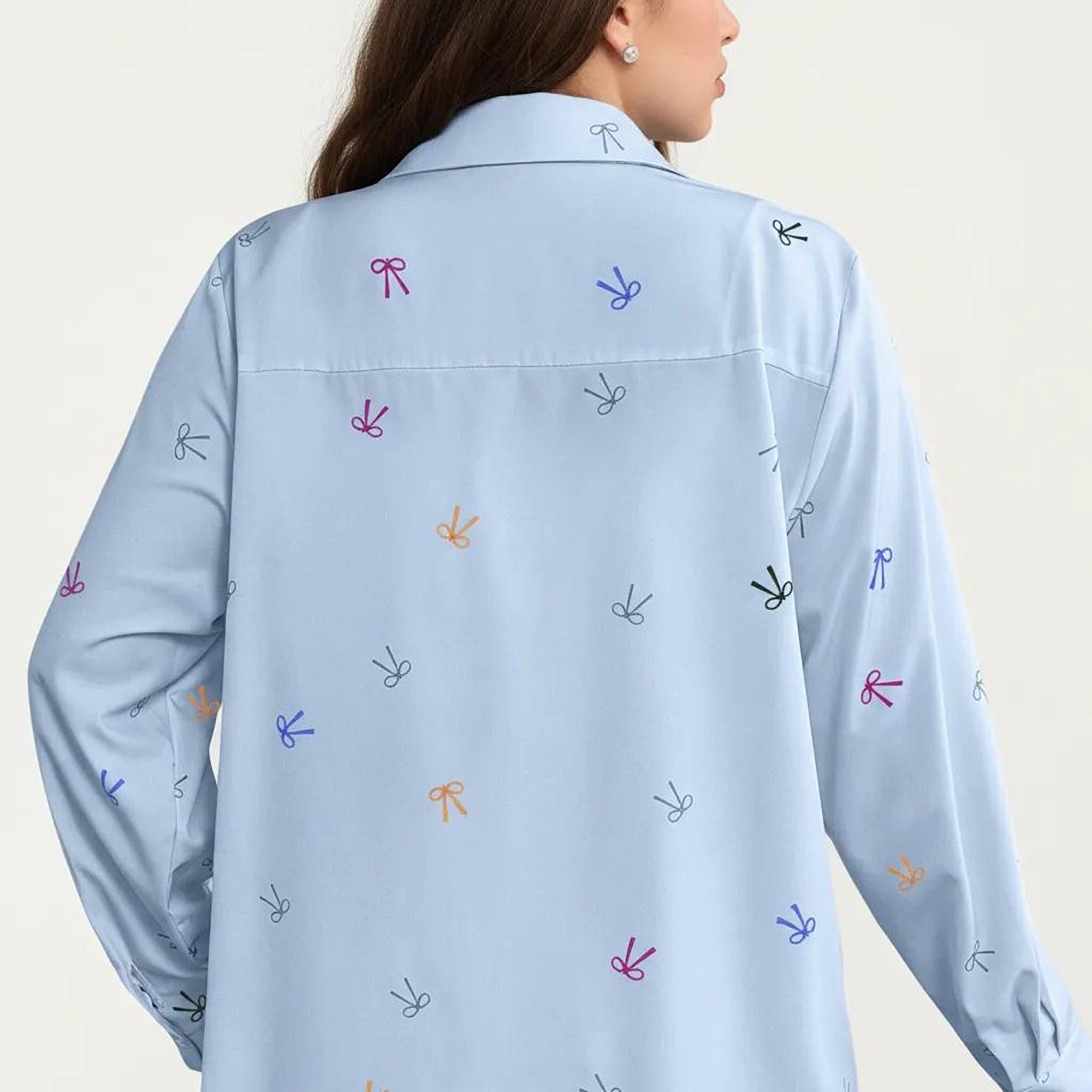 Anna-Kaci Women's Plus Size Bow Print Long Sleeve Button Down Shirt with Relaxed Fit and Soft Fabric