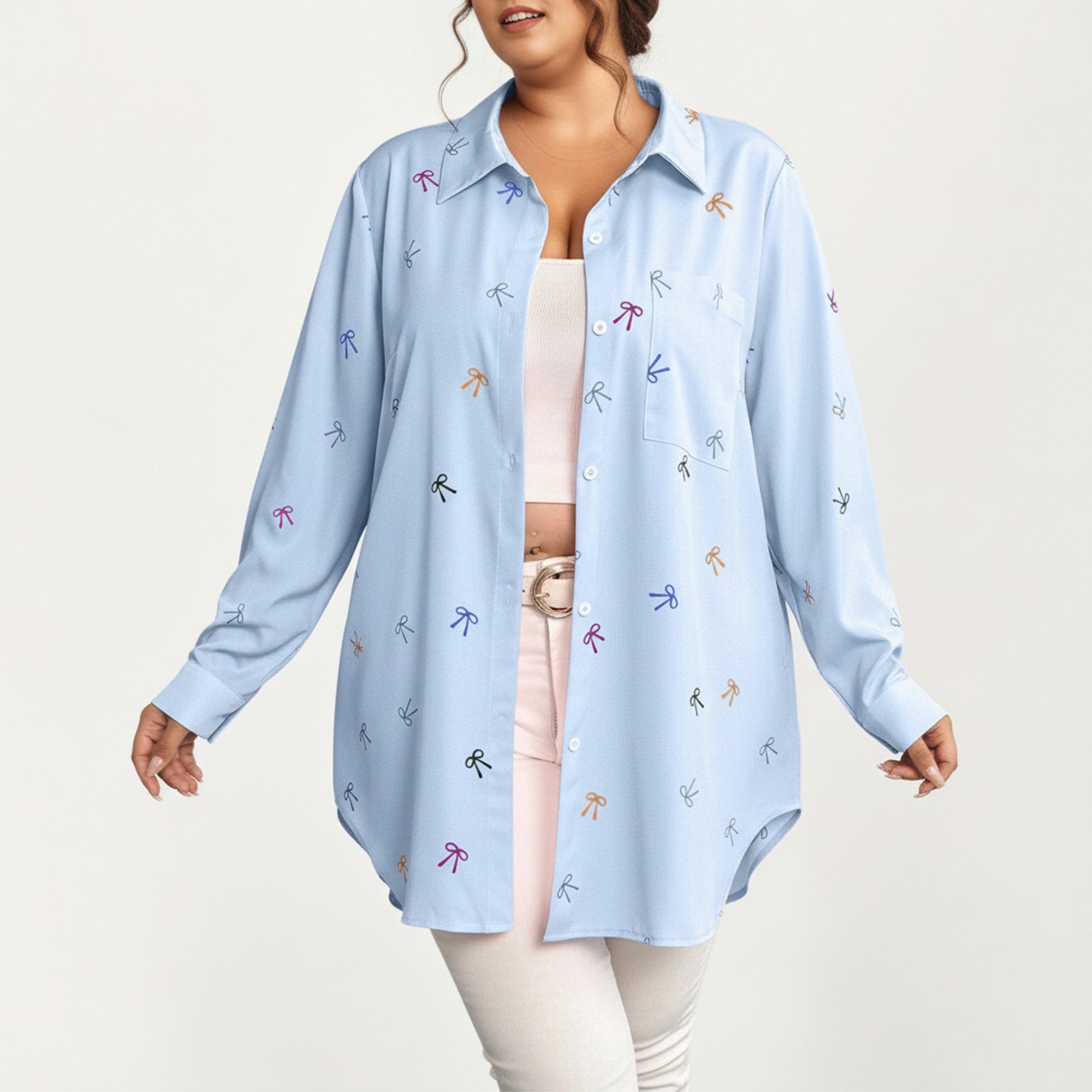 Anna-Kaci Women's Plus Size Bow Print Long Sleeve Button Down Shirt with Relaxed Fit and Soft Fabric