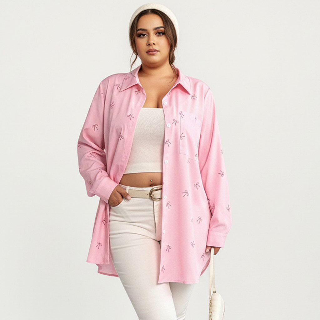 Anna-Kaci Women's Plus Size Bow Print Long Sleeve Button Down Shirt with Relaxed Fit and Soft Fabric