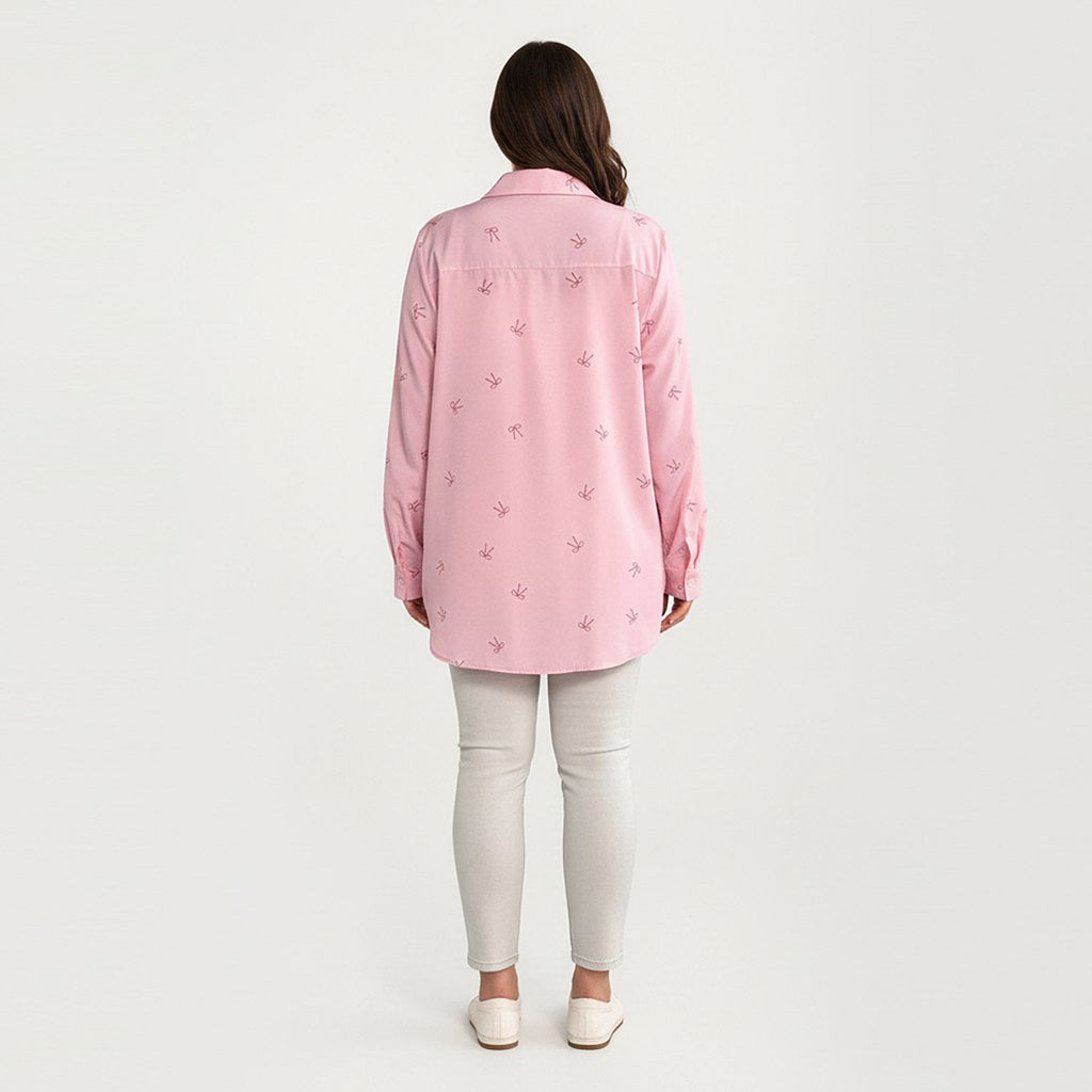 Anna-Kaci Women's Plus Size Bow Print Long Sleeve Button Down Shirt with Relaxed Fit and Soft Fabric