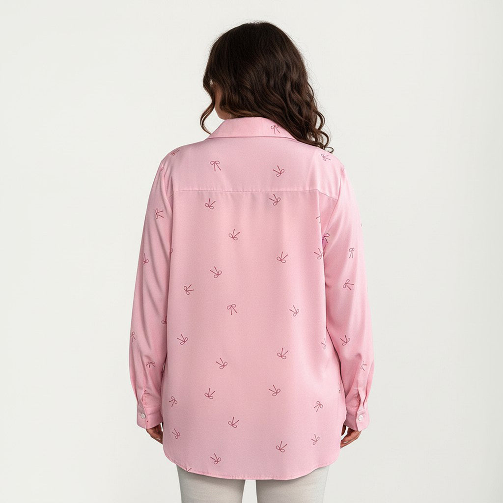 Anna-Kaci Women's Plus Size Bow Print Long Sleeve Button Down Shirt with Relaxed Fit and Soft Fabric