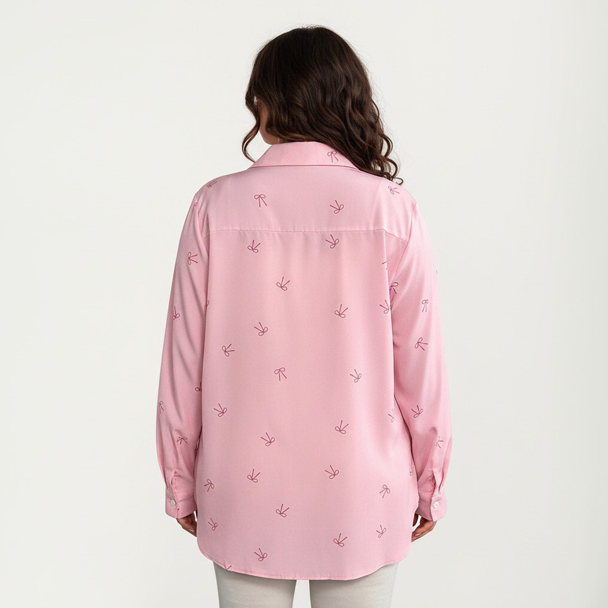 Anna-Kaci Women's Plus Size Bow Print Long Sleeve Button Down Shirt with Relaxed Fit and Soft Fabric