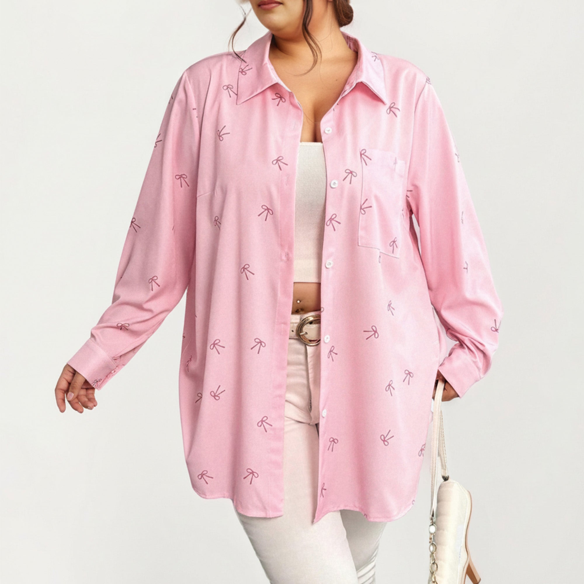 Anna-Kaci Women's Plus Size Bow Print Long Sleeve Button Down Shirt with Relaxed Fit and Soft Fabric