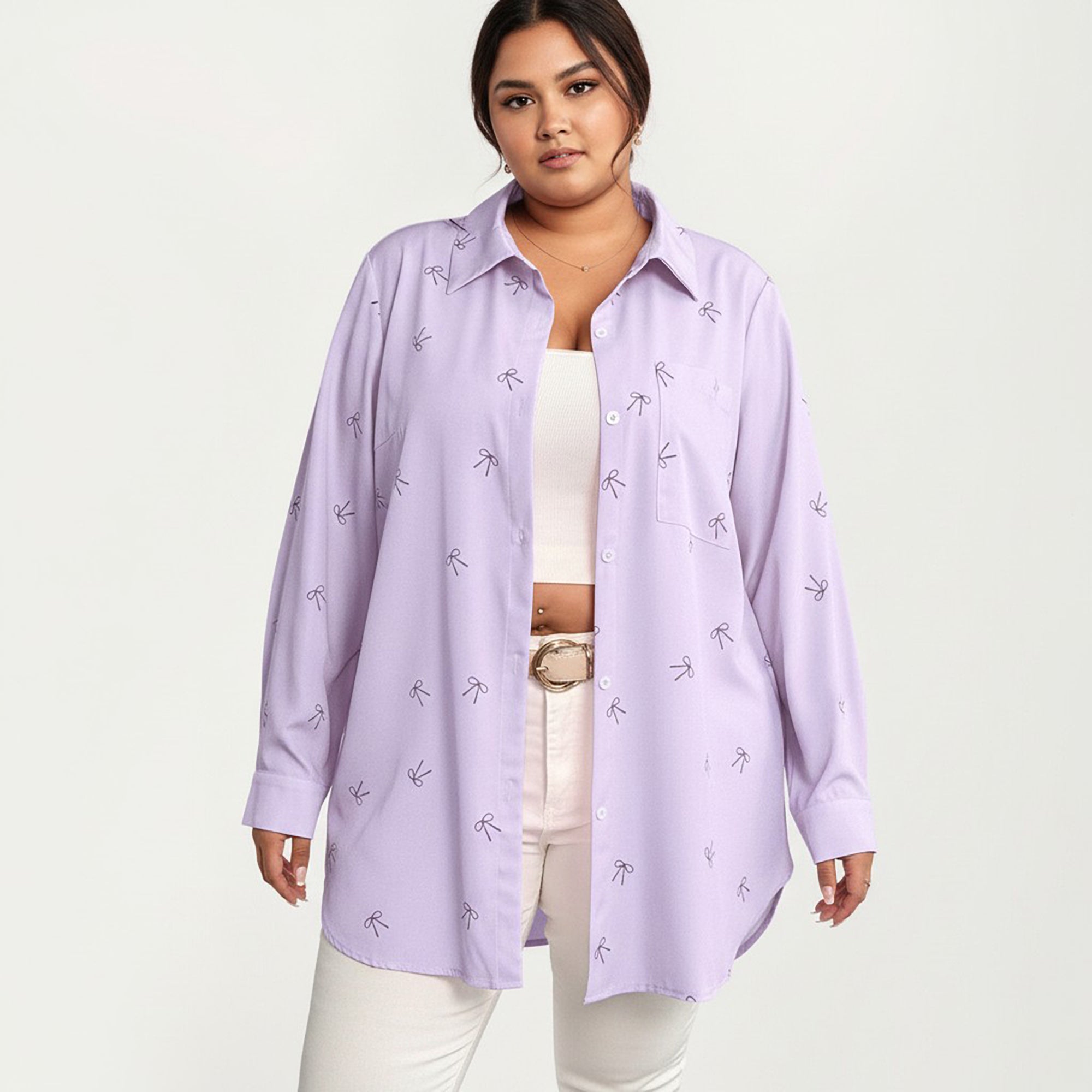 Anna-Kaci Women's Plus Size Bow Print Long Sleeve Button Down Shirt with Relaxed Fit and Soft Fabric