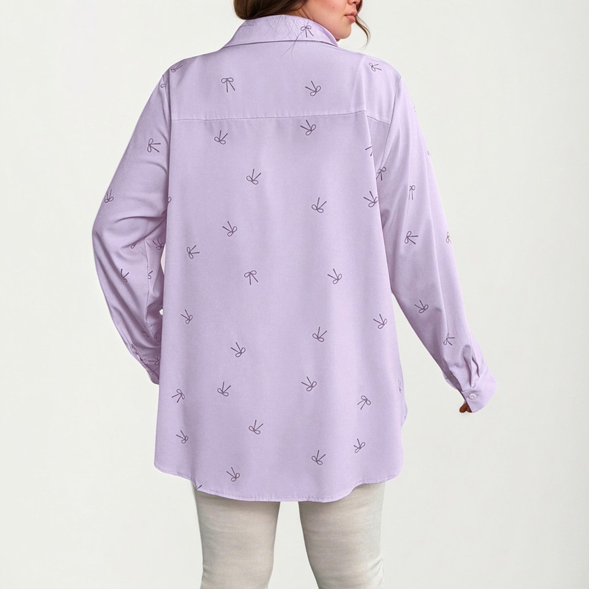 Anna-Kaci Women's Plus Size Bow Print Long Sleeve Button Down Shirt with Relaxed Fit and Soft Fabric