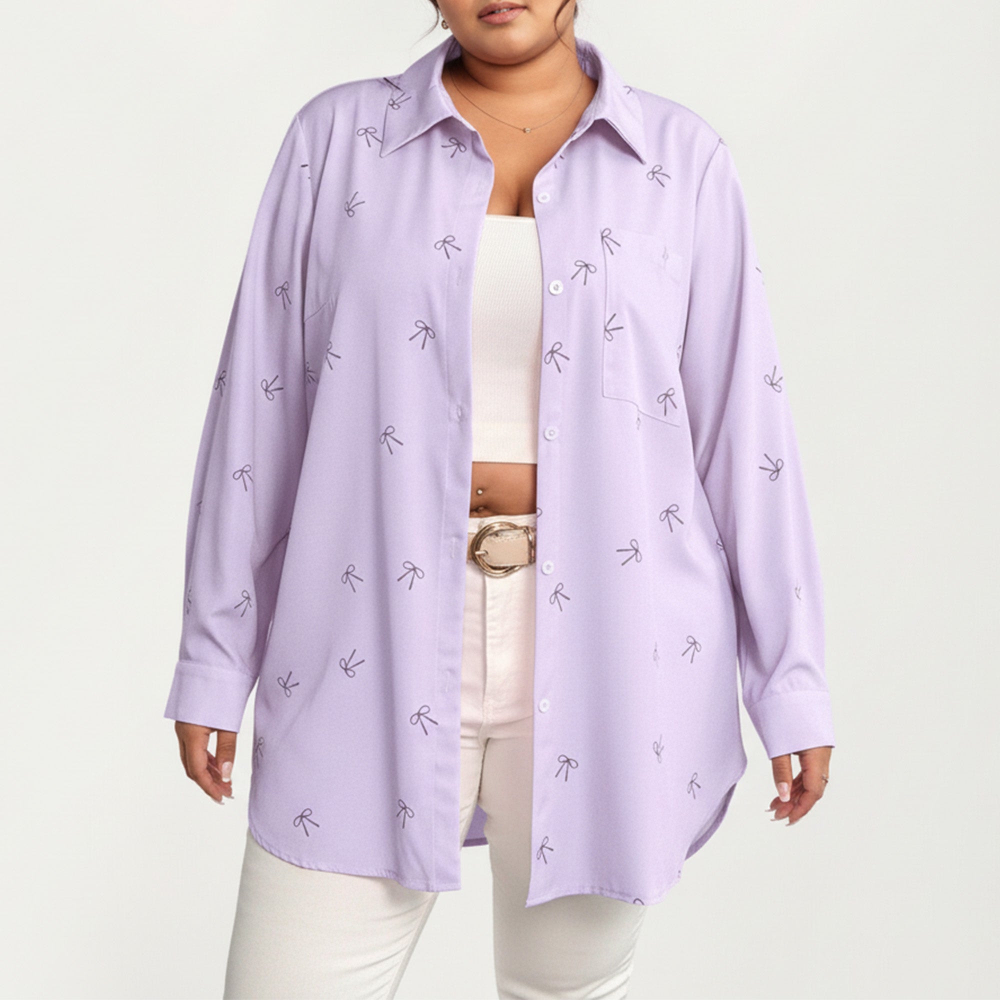 Anna-Kaci Women's Plus Size Bow Print Long Sleeve Button Down Shirt with Relaxed Fit and Soft Fabric