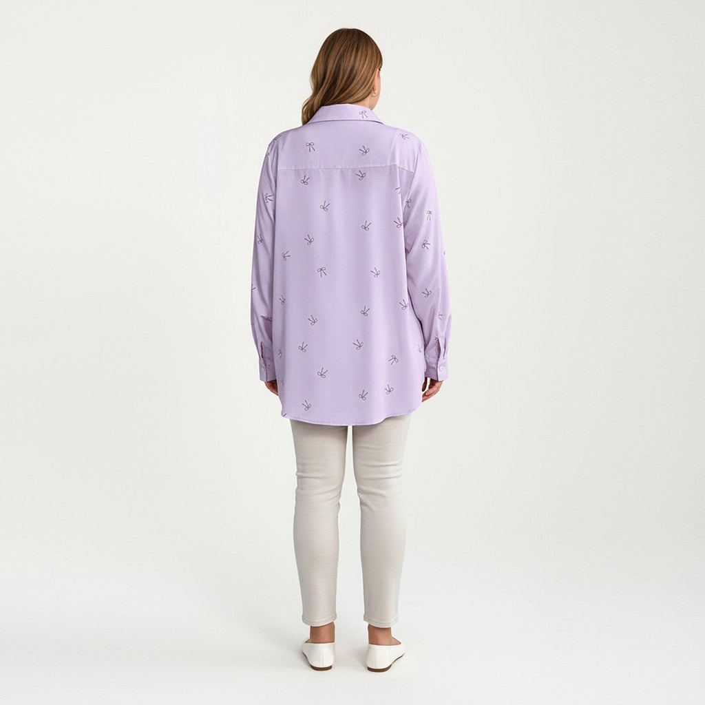 Anna-Kaci Women's Plus Size Bow Print Long Sleeve Button Down Shirt with Relaxed Fit and Soft Fabric