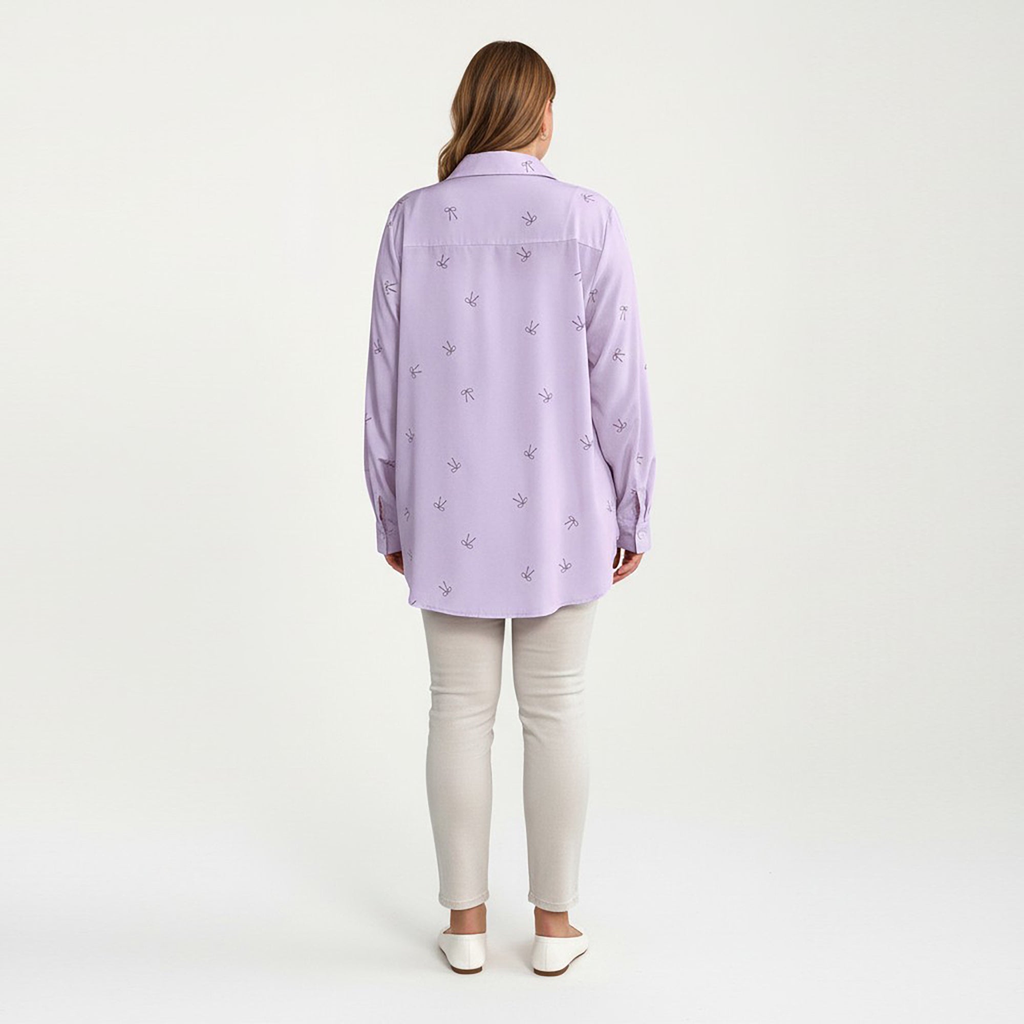 Anna-Kaci Women's Plus Size Bow Print Long Sleeve Button Down Shirt with Relaxed Fit and Soft Fabric