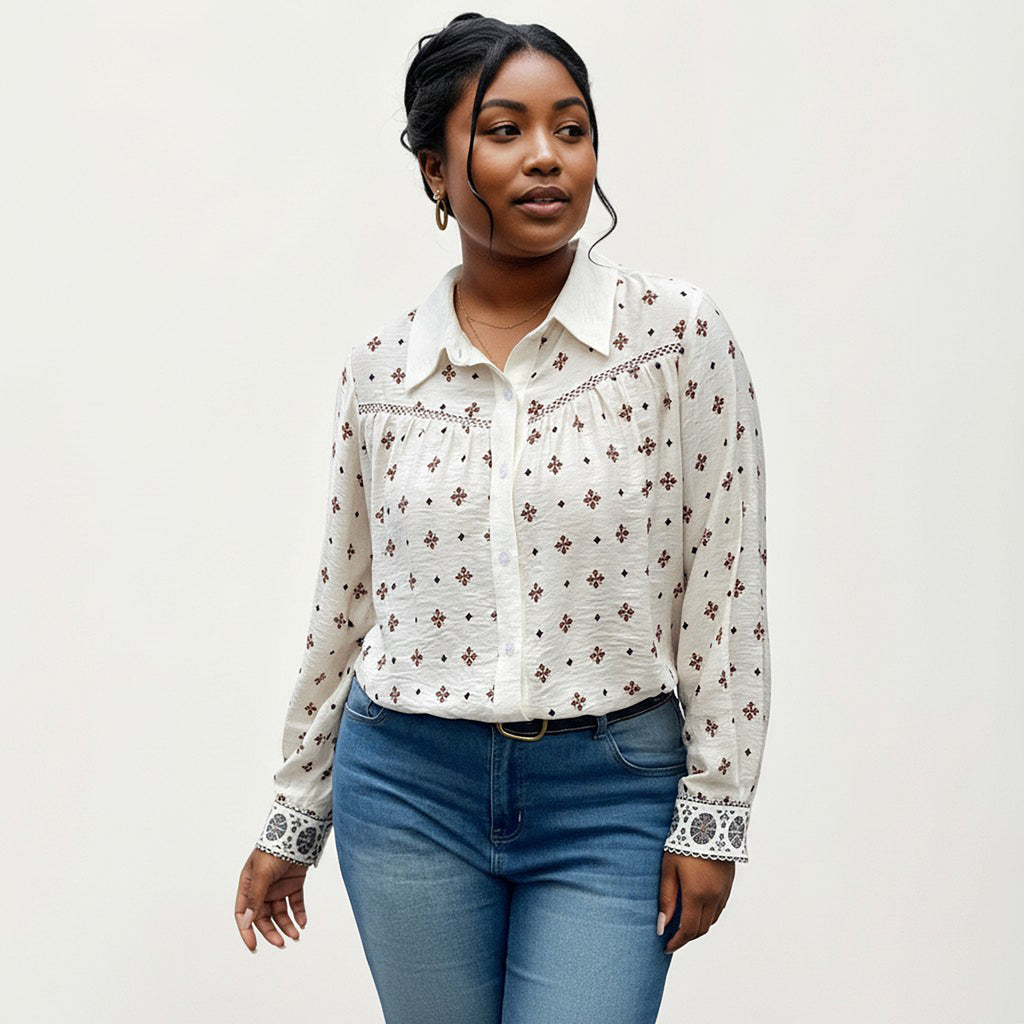 Anna-Kaci Women's Plus Size Geometric Print Long Sleeve Button Down Shirt with Lace Trim and Relaxed Fit