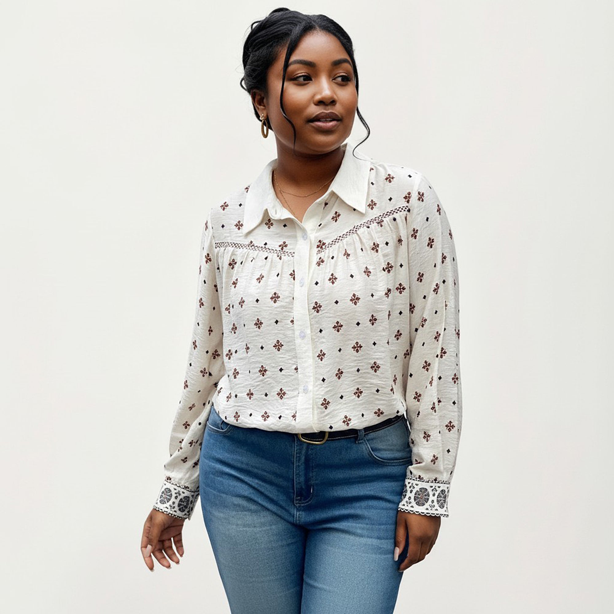 Anna-Kaci Women's Plus Size Geometric Print Long Sleeve Button Down Shirt with Lace Trim and Relaxed Fit