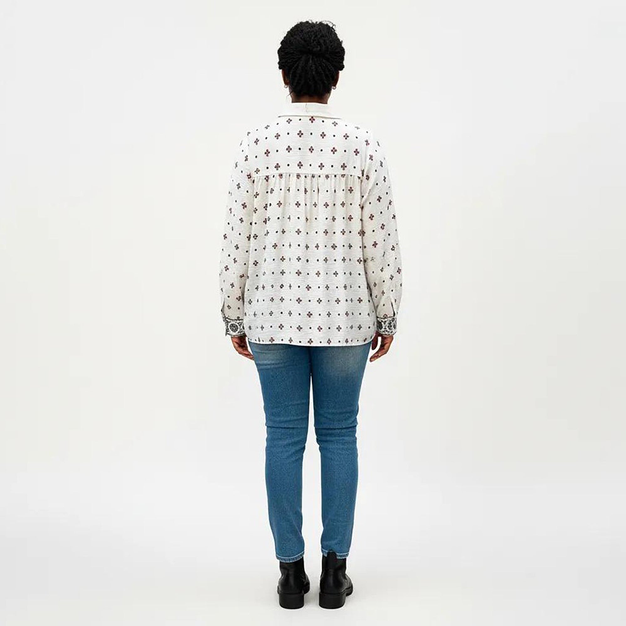 Anna-Kaci Women's Plus Size Geometric Print Long Sleeve Button Down Shirt with Lace Trim and Relaxed Fit