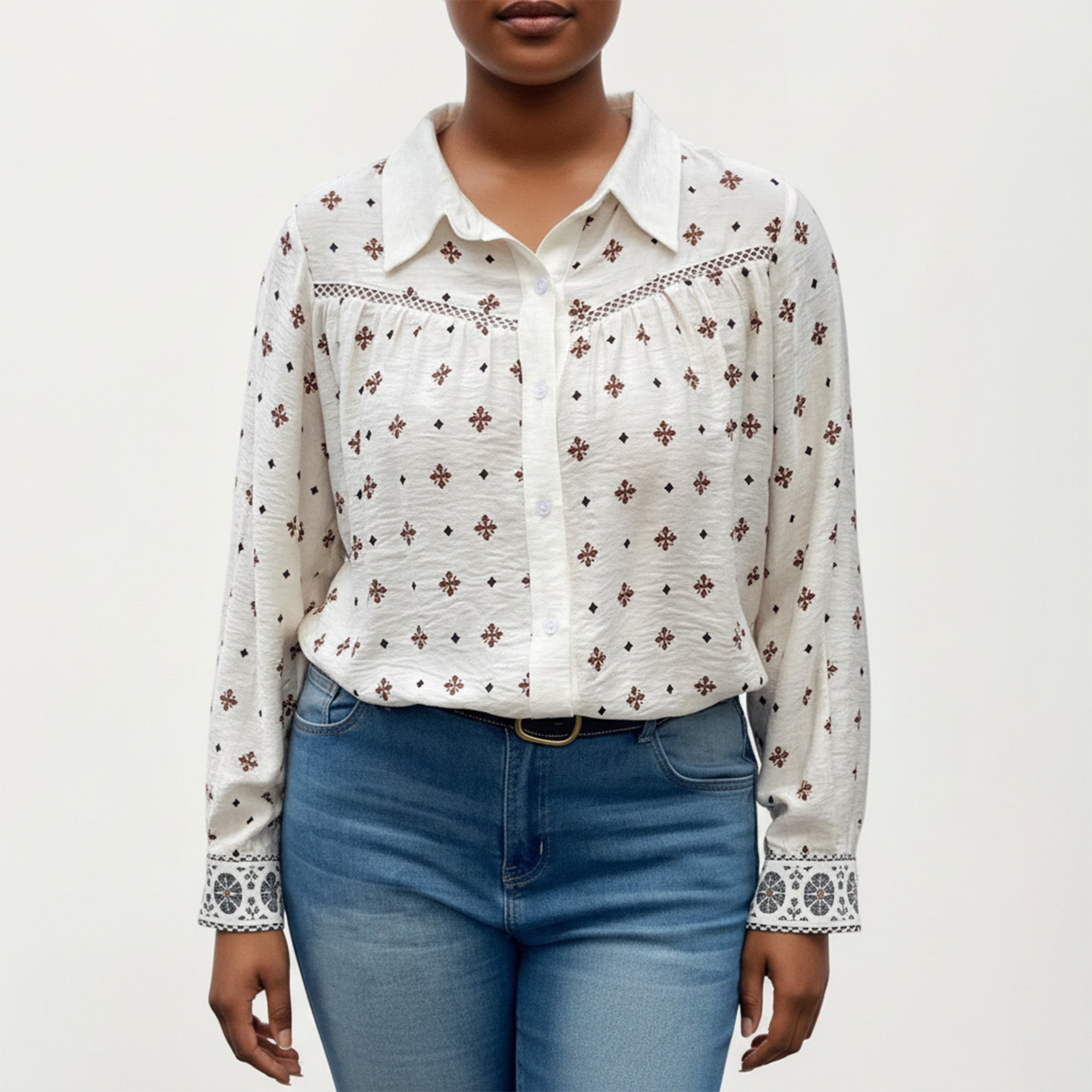 Anna-Kaci Women's Plus Size Geometric Print Long Sleeve Button Down Shirt with Lace Trim and Relaxed Fit
