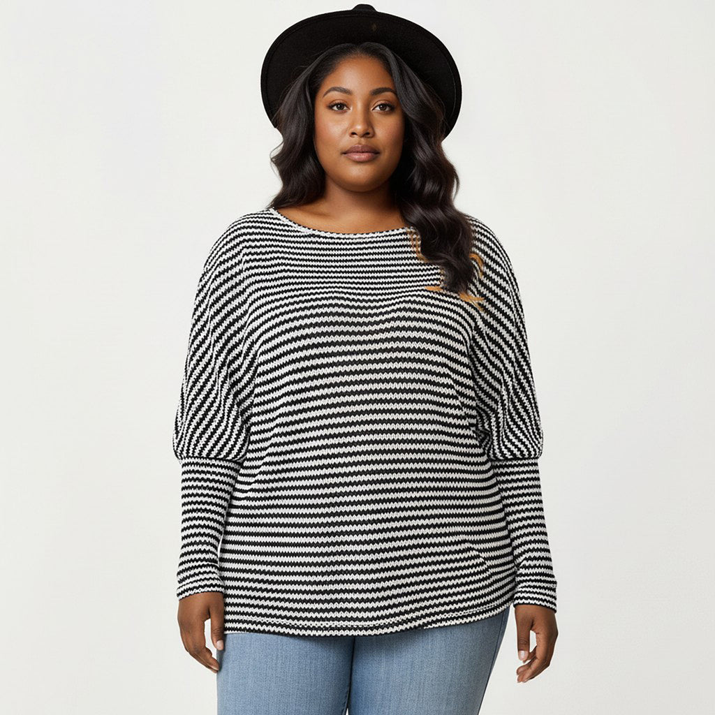 Anna-Kaci Women's Plus Size Striped Knit Long Sleeve Pullover Top with Drop Shoulder Fit and Soft Fabric