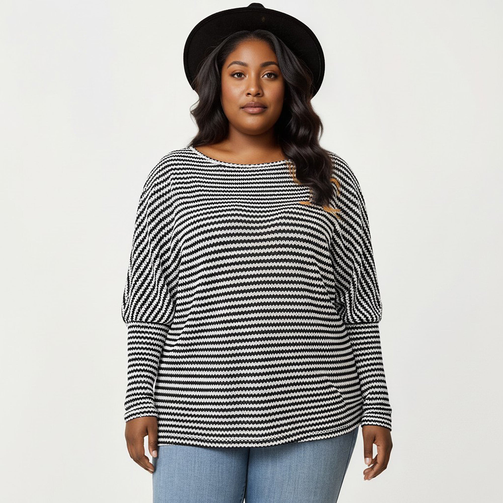 Anna-Kaci Women's Plus Size Striped Knit Long Sleeve Pullover Top with Drop Shoulder Fit and Soft Fabric