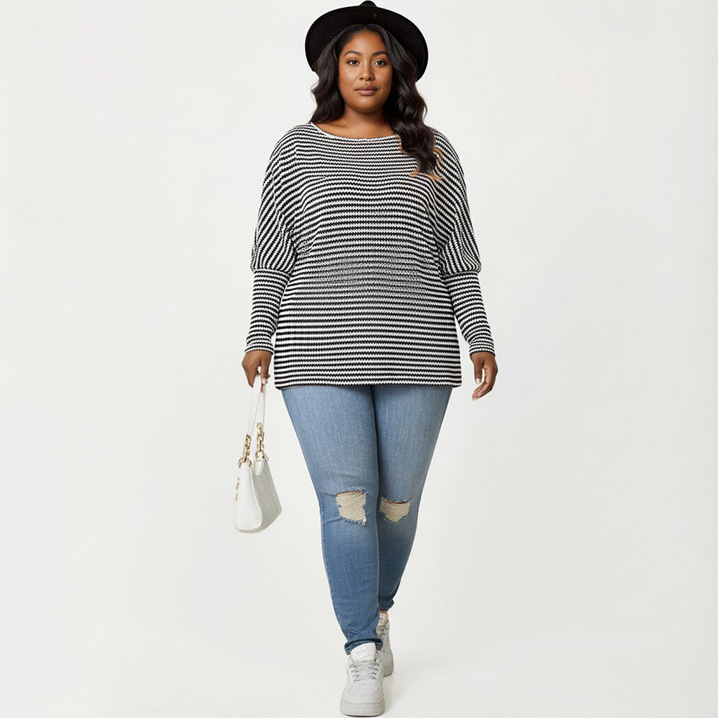 Anna-Kaci Women's Plus Size Striped Knit Long Sleeve Pullover Top with Drop Shoulder Fit and Soft Fabric