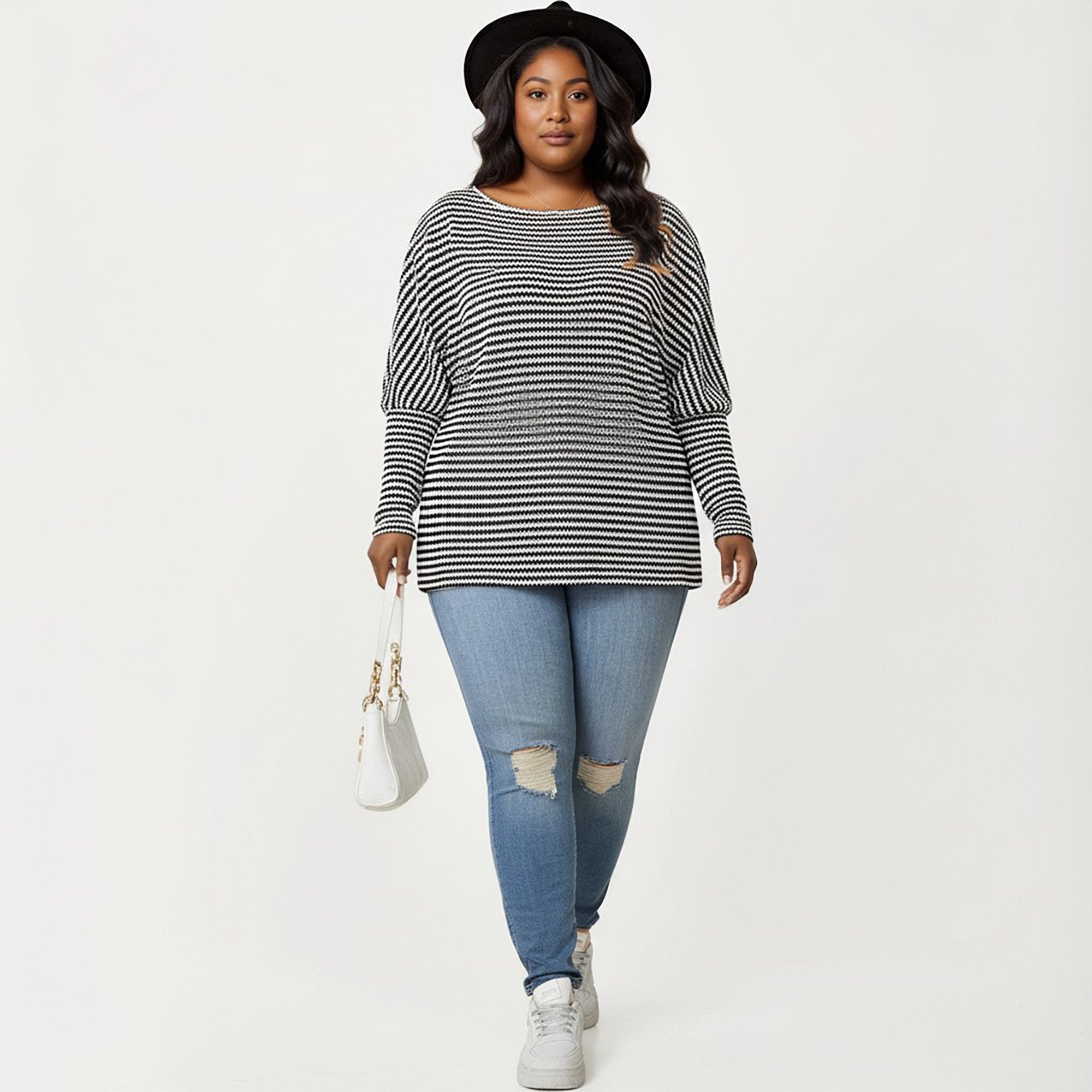 Anna-Kaci Women's Plus Size Striped Knit Long Sleeve Pullover Top with Drop Shoulder Fit and Soft Fabric