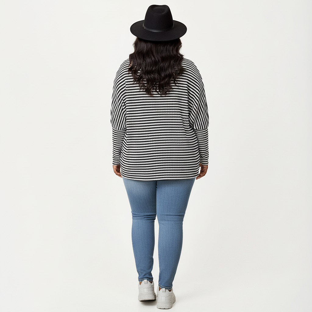 Anna-Kaci Women's Plus Size Striped Knit Long Sleeve Pullover Top with Drop Shoulder Fit and Soft Fabric