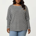 Anna-Kaci Women's Plus Size Striped Knit Long Sleeve Pullover Top with Drop Shoulder Fit and Soft Fabric
