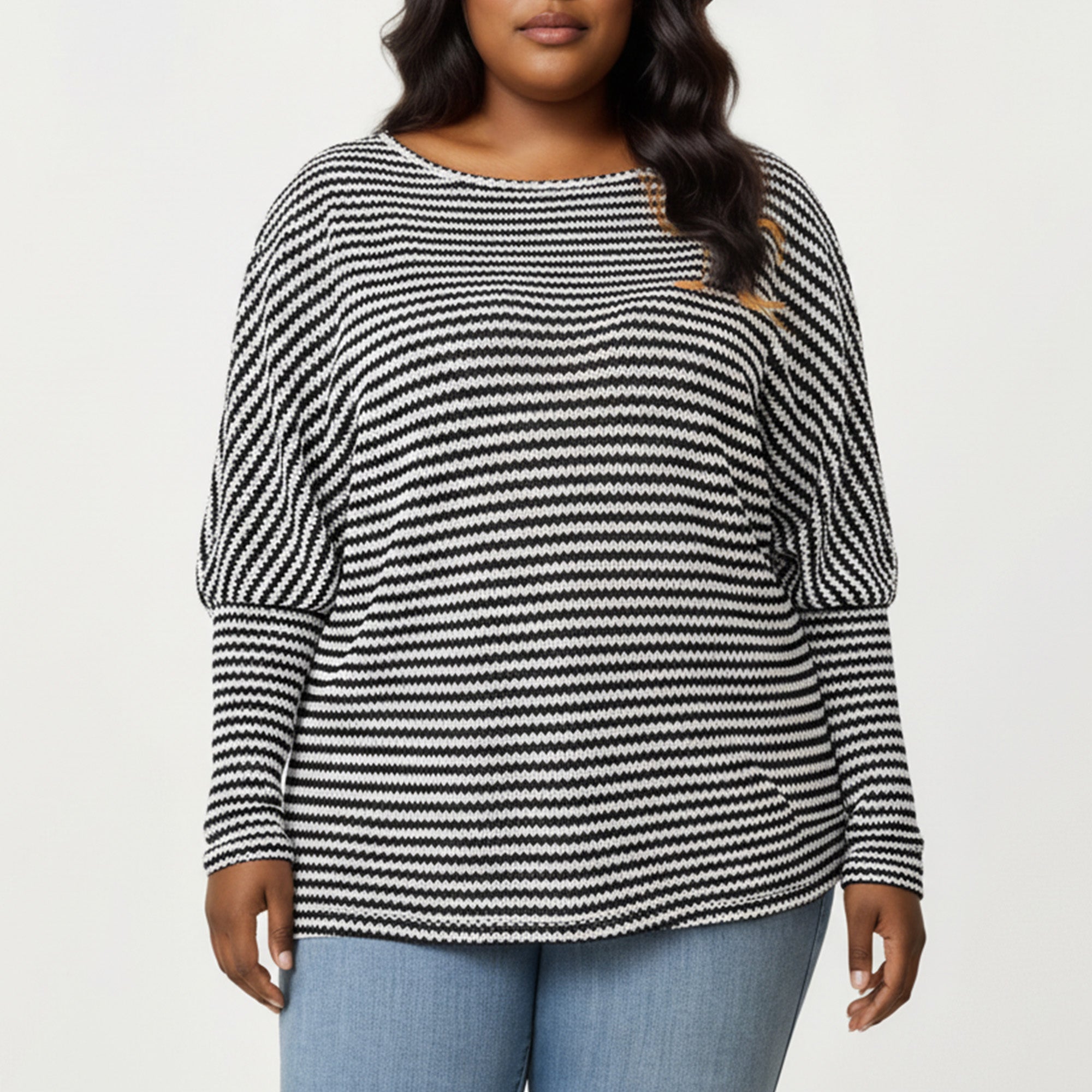Anna-Kaci Women's Plus Size Striped Knit Long Sleeve Pullover Top with Drop Shoulder Fit and Soft Fabric