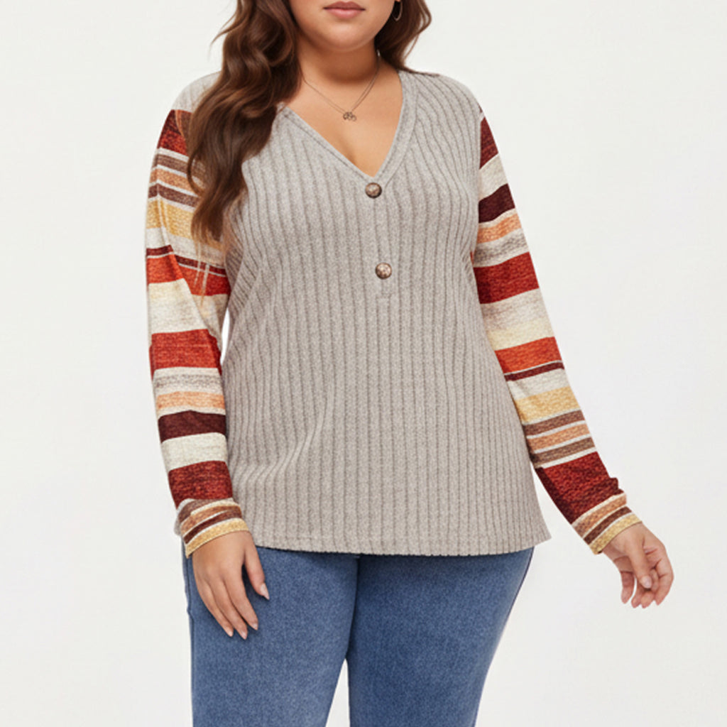 Anna-Kaci Women's Plus Size Ribbed Knit Long Sleeve Pullover Top with V Neck Button Detail and Striped Sleeves