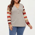 Anna-Kaci Women's Plus Size Ribbed Knit Long Sleeve Pullover Top with V Neck Button Detail and Striped Sleeves