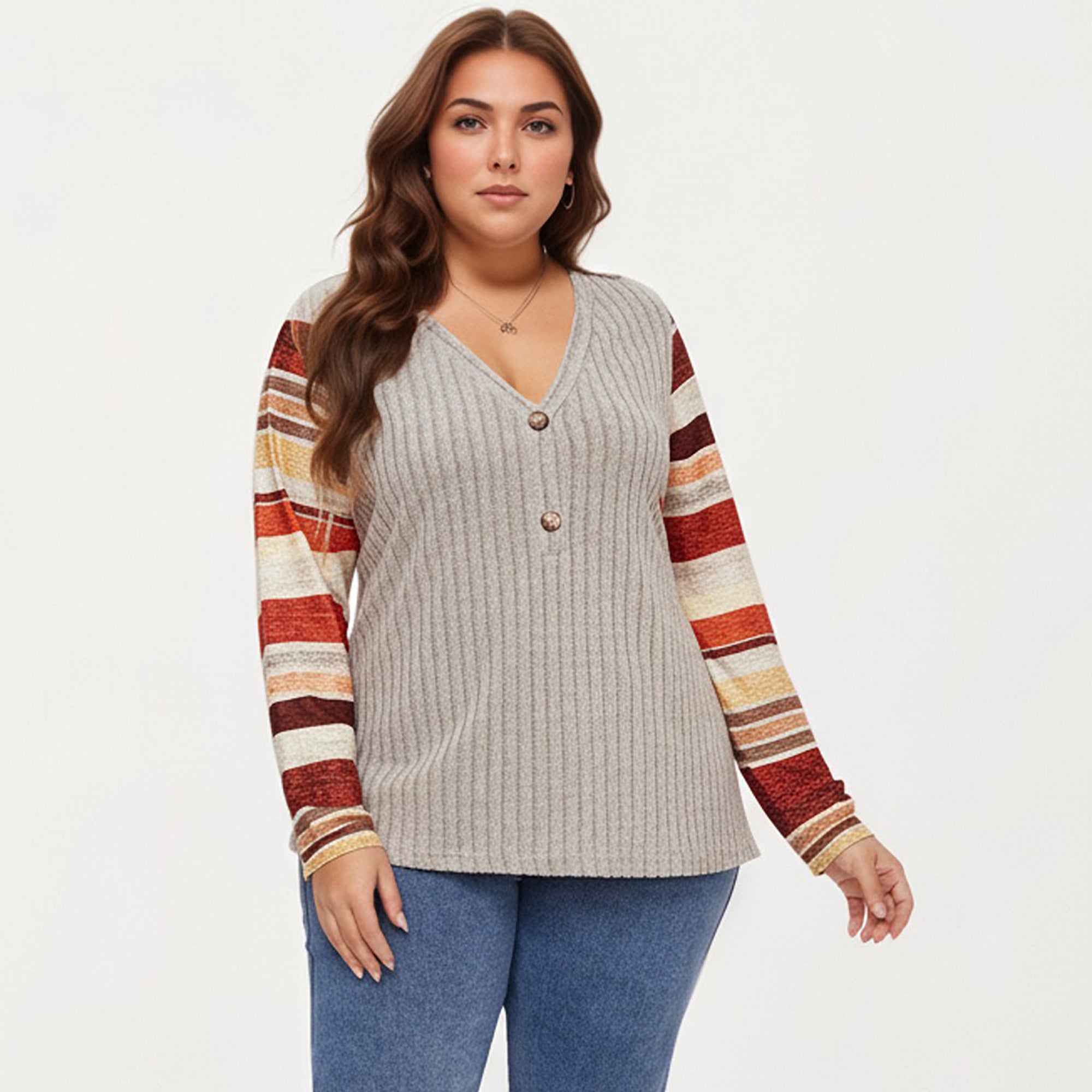 Anna-Kaci Women's Plus Size Ribbed Knit Long Sleeve Pullover Top with V Neck Button Detail and Striped Sleeves