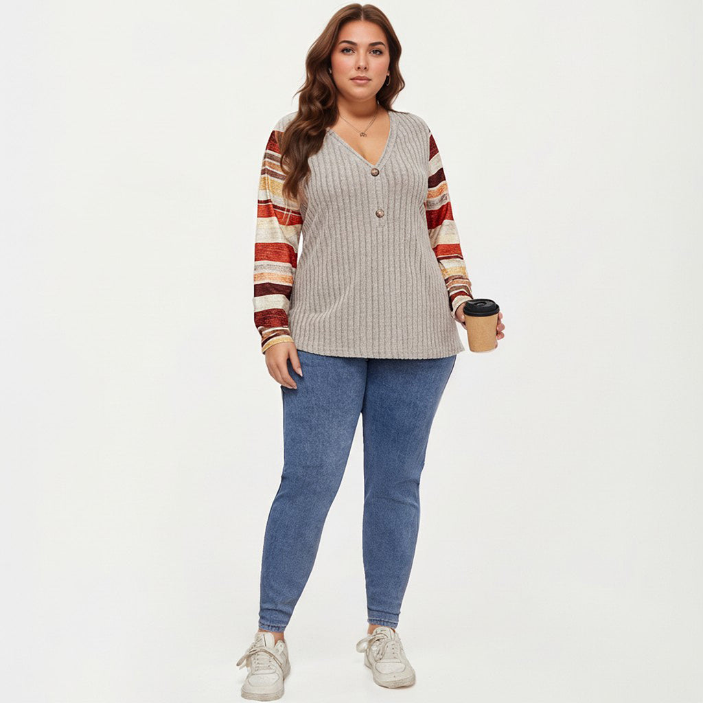 Anna-Kaci Women's Plus Size Ribbed Knit Long Sleeve Pullover Top with V Neck Button Detail and Striped Sleeves