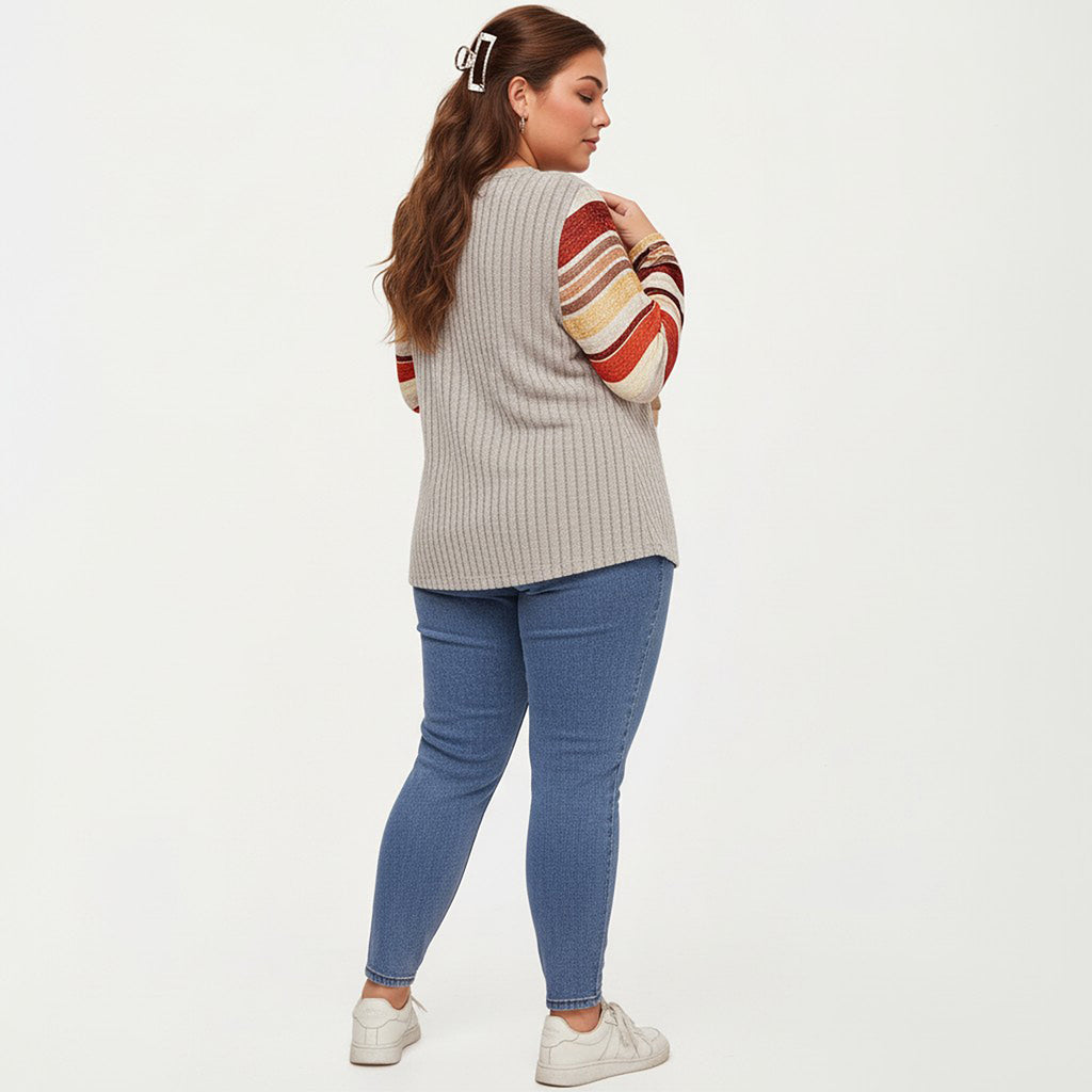 Anna-Kaci Women's Plus Size Ribbed Knit Long Sleeve Pullover Top with V Neck Button Detail and Striped Sleeves