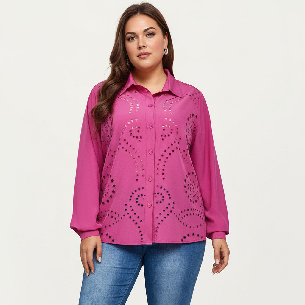 Anna-Kaci Women's Plus Size Long Sleeve Button Down Blouse with Perforated Eyelet Pattern and Classic Collar