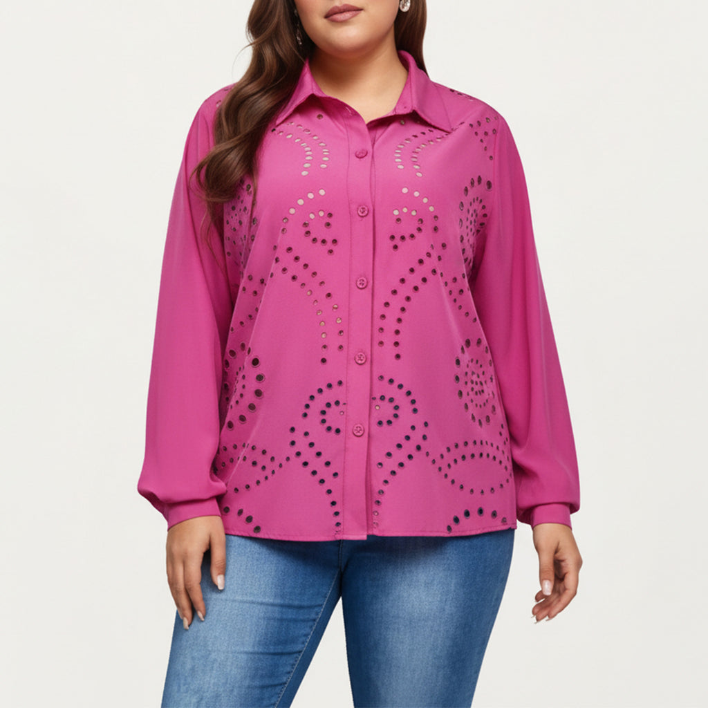 Anna-Kaci Women's Plus Size Long Sleeve Button Down Blouse with Perforated Eyelet Pattern and Classic Collar