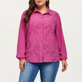 Anna-Kaci Women's Plus Size Long Sleeve Button Down Blouse with Perforated Eyelet Pattern and Classic Collar