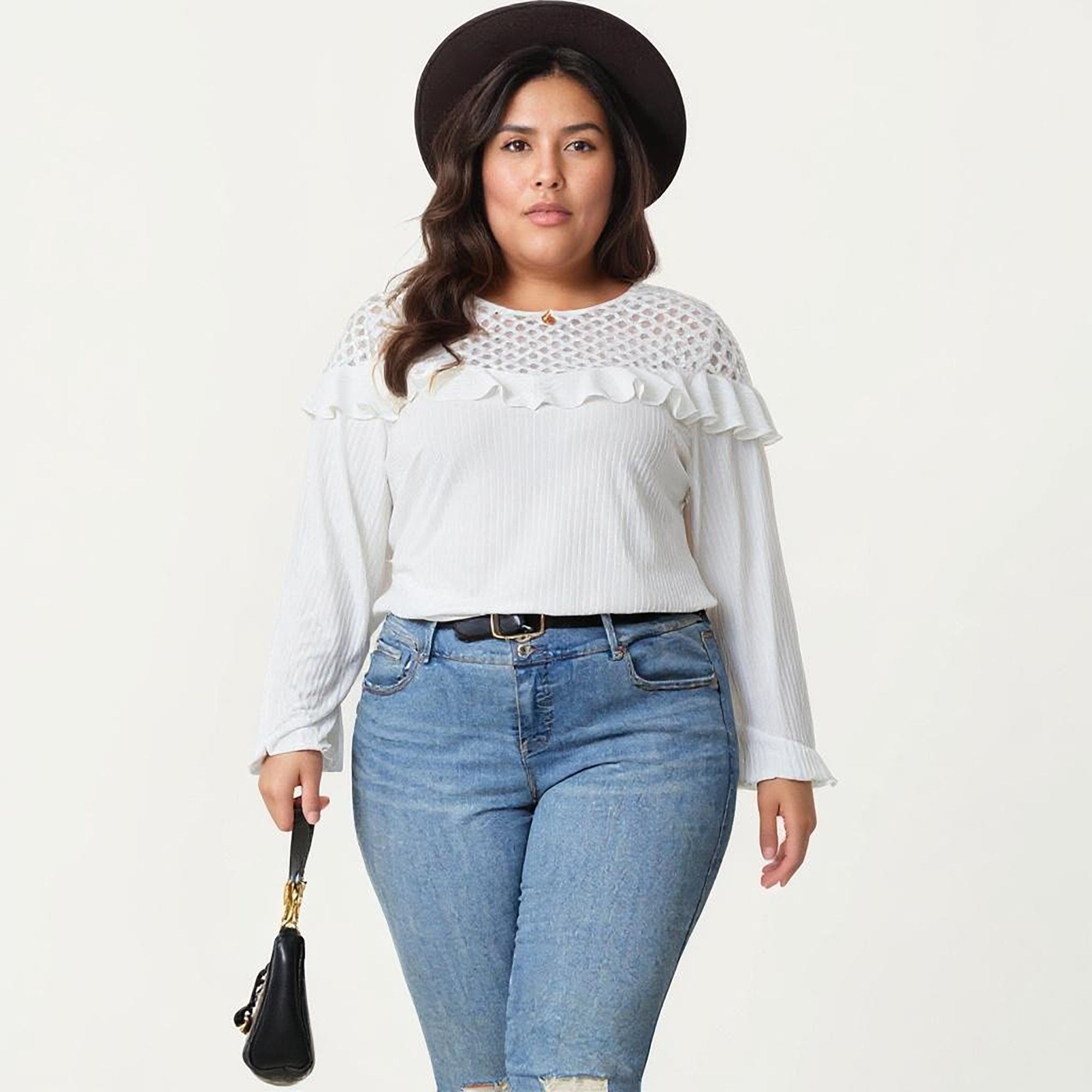 Anna-Kaci Women's Plus Size Long Sleeve Textured Blouse with Lace Yoke Panel and Soft Ruffle Detail