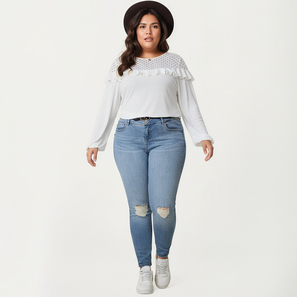 Anna-Kaci Women's Plus Size Long Sleeve Textured Blouse with Lace Yoke Panel and Soft Ruffle Detail