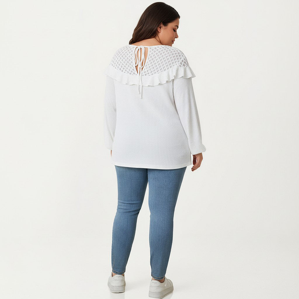 Anna-Kaci Women's Plus Size Long Sleeve Textured Blouse with Lace Yoke Panel and Soft Ruffle Detail