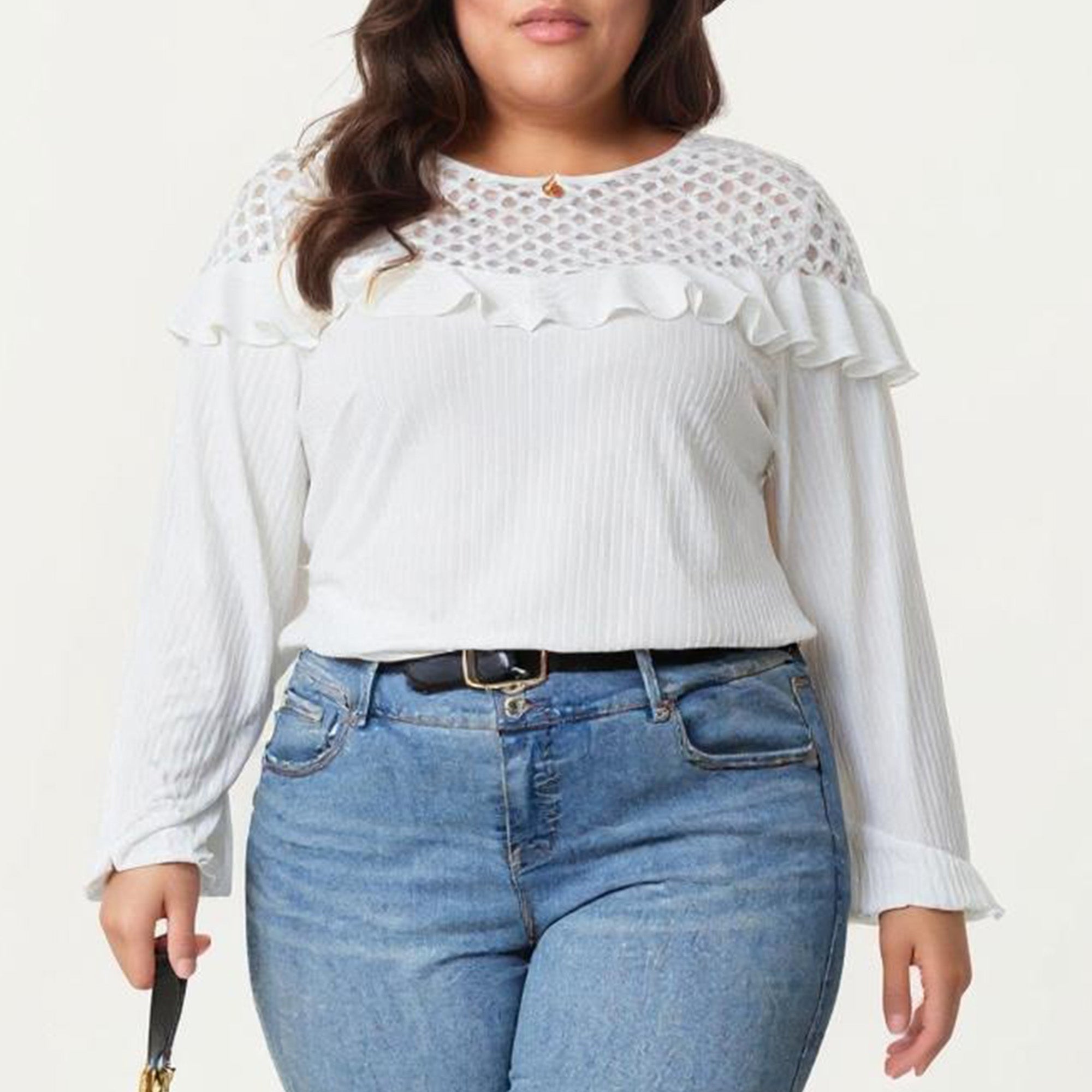 Anna-Kaci Women's Plus Size Long Sleeve Textured Blouse with Lace Yoke Panel and Soft Ruffle Detail